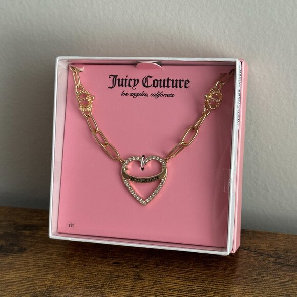 New Juicy Couture Gold Color Necklace Heart Crown Bedazzled Gems Chain Link - Picture 2 of 3